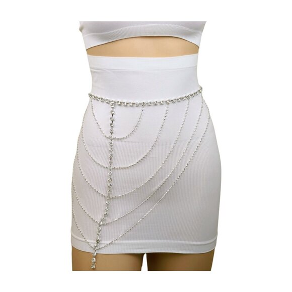 Women Silver Metal Chain Wave High Waist Belt Rhinestones Adjustable Size XS S M